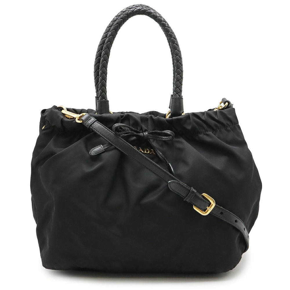 Prada Ribbon Gathered Handbag Tote Bag Braided Handle Shoulder NERO Black